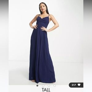 TFNC Tall Bridesmaid pleated wrap front maxi dress in navy